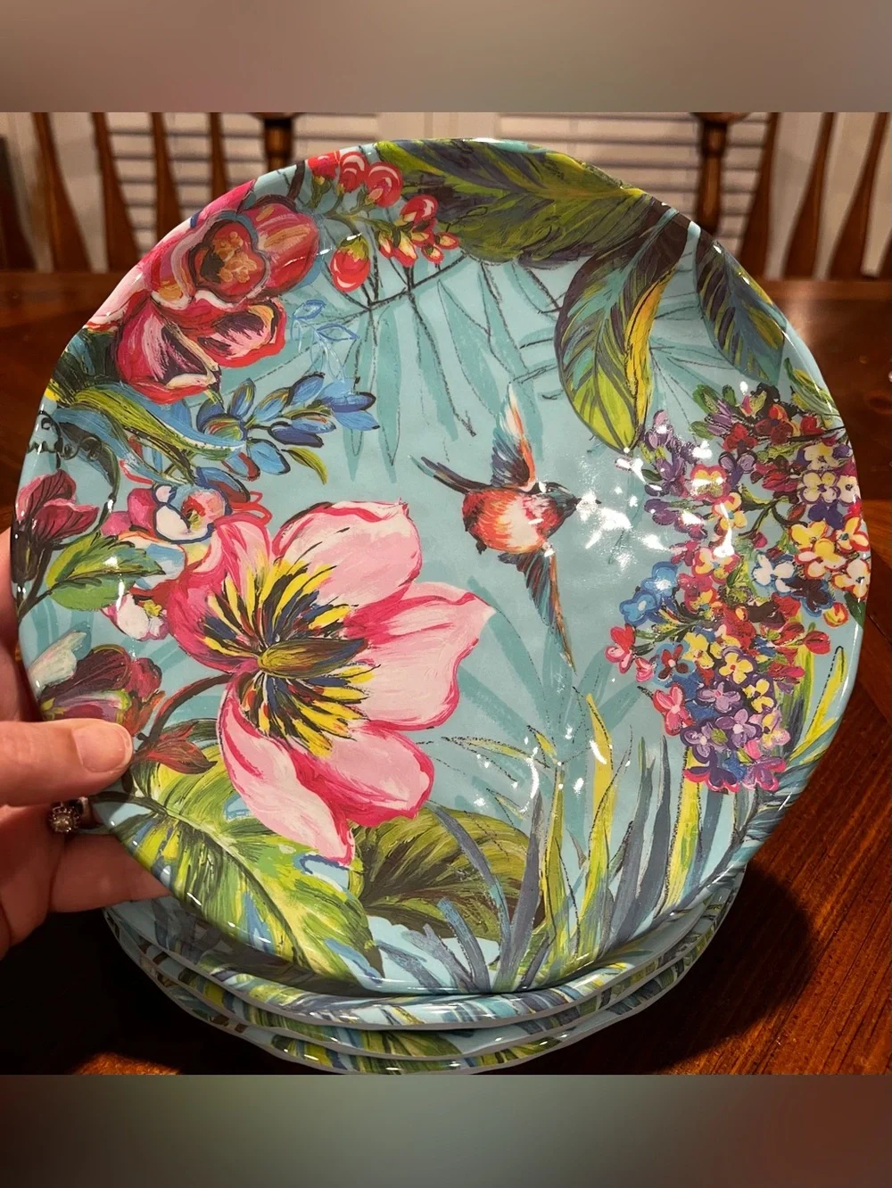 Pier 1 Exclusive Melamine Tropical Hummingbird Floral Plates 8.5 Inch Set of 4
